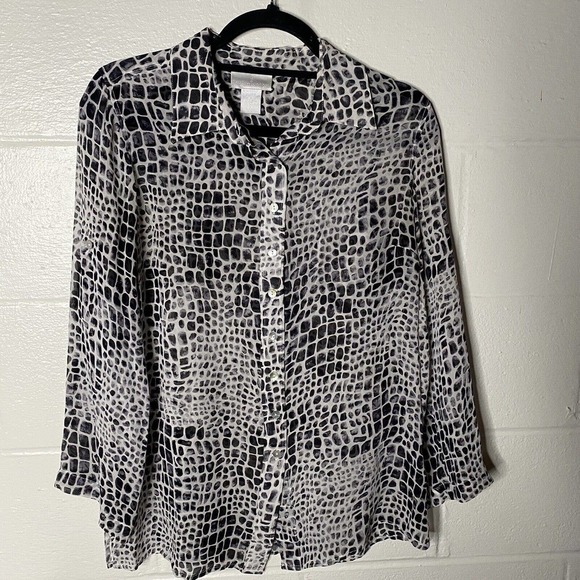 Soft Surroundings Silk Roll Tab Button Down Top Small Black White Animal Print - Picture 2 of 9